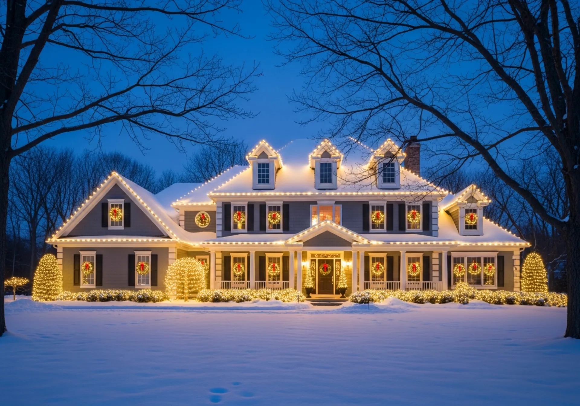 Suburban home with Christmas lights
